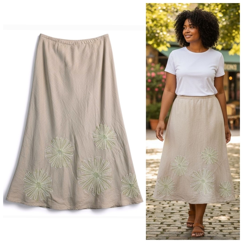 Boden Boho Cottagecore Embroidered Midi Skirt Neutral Linen Look Coastal Cowgirl